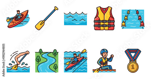A collection of colorful, flat design icons depicting various aspects of kayaking and water sports, including kayakers, paddles, life vests, water, and awards.