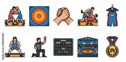 A vibrant and clean collection of vector icons representing various aspects of wrestling, including athletes, a referee, a mat, a scoreboard, a singlet, and a medal.