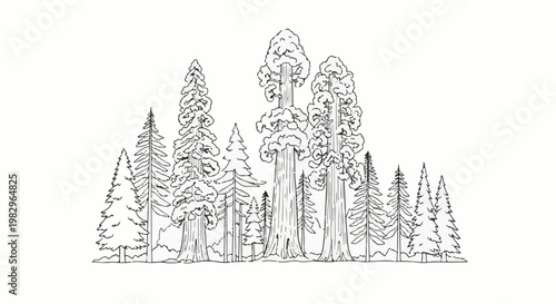 A black and white line drawing depicting a dense forest of various coniferous trees