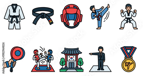 A colorful, flat illustration icon set depicting various elements of Taekwondo martial arts, including a uniform, belt, headgear, fighters, and a medal.