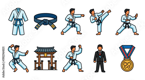 A collection of flat graphic icons depicts various martial arts and karate elements, including uniforms, belts, poses, a traditional gate, a referee, and a medal.