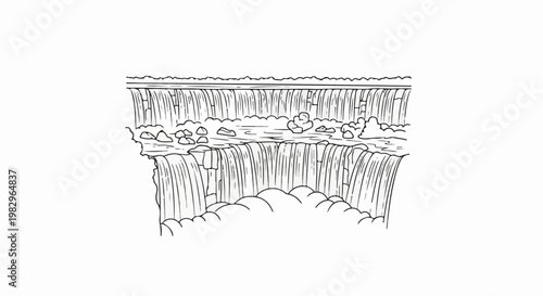 A black and white line drawing depicts a wide waterfall cascading over rocks and mist
