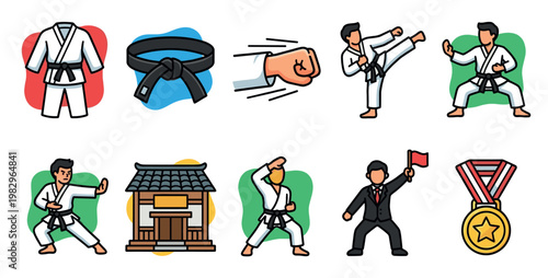 A collection of flat design icons illustrating karate training, including uniforms, belts, poses, a dojo, and a medal, perfect for sports and martial arts themes.