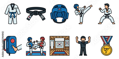 This flat design illustration features a collection of taekwondo-related icons, including uniforms, belts, headgear, fighters, a training pad, a dojo, a referee, and a medal.
