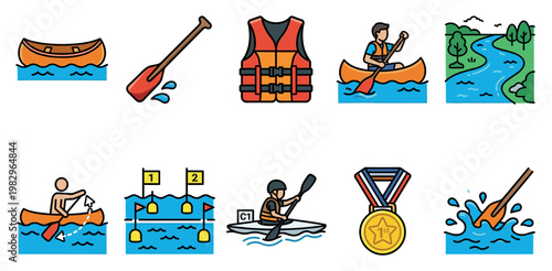 This colorful collection of flat design icons represents various aspects of canoeing and water sports, including boats, paddles, safety gear, and competitive racing elements.