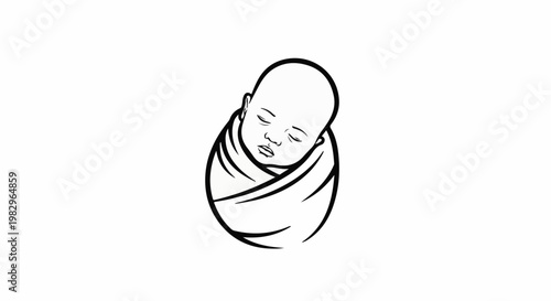 A black and white line drawing of a baby peacefully sleeping, wrapped snugly in a blanket
