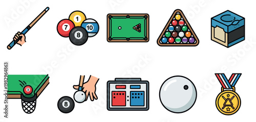 A flat design icon set featuring various elements of a billiard game, including cues, balls, tables, chalk, and a medal.