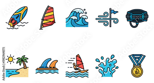 A vibrant collection of flat design icons depicting various water sports and beach activities, perfect for web and print projects.