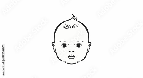 A black and white line drawing of a baby's face with sparse hair