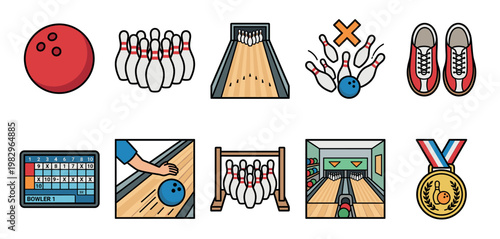 A collection of flat design vector icons representing various elements of the sport of bowling, including balls, pins, shoes, and scoring.