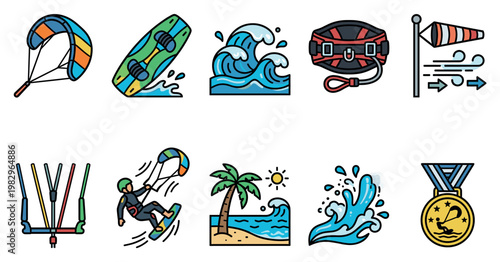 A collection of stylized vector icons representing various elements of kitesurfing and water sports, including kites, boards, waves, and equipment.