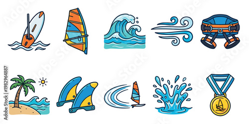 A vibrant set of cartoon-style icons depicting windsurfing equipment, waves, beach, and a medal, perfect for sports and adventure themes.