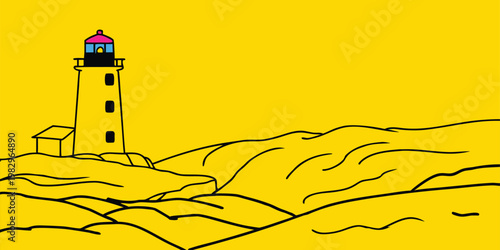 Minimalist flat color illustration of a lighthouse on yellow sand dunes with a pink top
