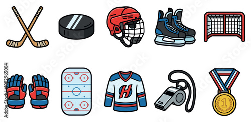 A colorful cartoon collection of ice hockey equipment, including sticks, puck, helmet, skates, goal, jersey, rink, whistle, and medal.