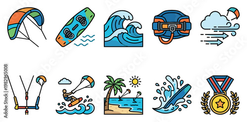 A vibrant collection of flat design icons illustrating kitesurfing, including kites, boards, waves, safety gear, and awards, perfect for sports and adventure themes.