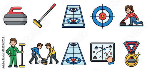 A collection of stylized flat icons representing various elements of the sport of curling, including stones, brooms, ice sheets, target circles, players, strategy boards, and medals.
