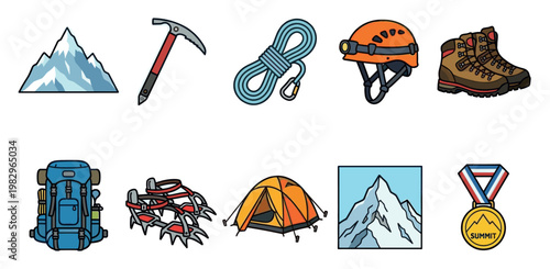 A colorful and clean vector illustration showcasing essential mountain climbing equipment including a backpack, ice axe, rope, helmet, boots, crampons, tent, mountains, and a summit medal.