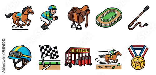 A collection of colorful cartoon illustrations depicting elements of horse racing, including a jockey, horse, saddle, track, whip, helmet, checkered flag, starting gate, and medal.