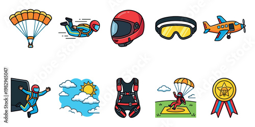 A collection of vibrant, cartoon-style icons depicting various elements of skydiving, including parachutes, skydivers in action, gear, and a plane.