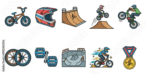 A vibrant collection of illustrated Bmx bike components and action scenes, including bikes, helmets, ramps, skatepark, wheels, pedals, and a medal.