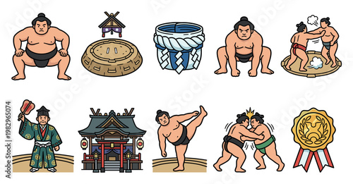 A collection of charming Japanese sumo wrestling icons and elements in a flat, cartoonish style, perfect for illustrating sports, culture, or traditional themes.