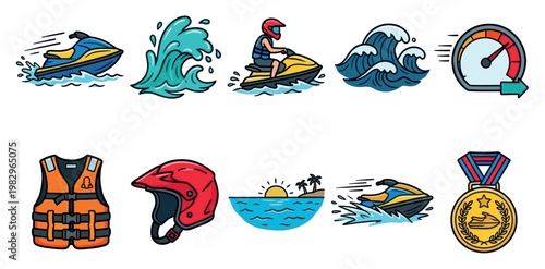 Collection of flat vector illustrations depicting jet ski activities, including jet skis, waves, a rider, safety gear, a speed meter, a tropical island, and a medal.
