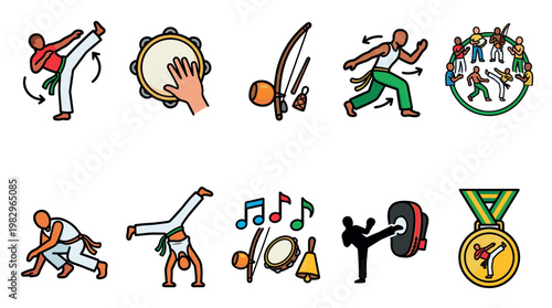 A collection of colorful flat icons depicting capoeira movements, instruments, and symbols of achievement, ideal for representing martial arts and Brazilian culture.