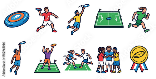 A collection of diverse individuals engaging in frisbee sport activities, including throwing, catching, running, and celebrating, depicted in a colorful and modern vector style.