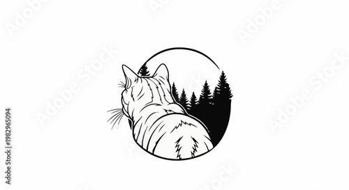 A black and white illustration of a cat looking at a forest within a circle