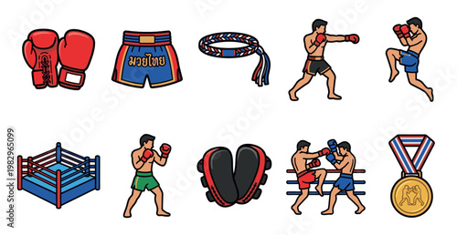 A collection of flat design icons representing various elements of Muay Thai martial arts, including fighters, equipment, and a ring.