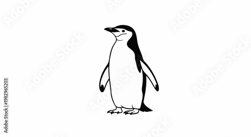 A black and white illustration of a chinstrap penguin standing upright