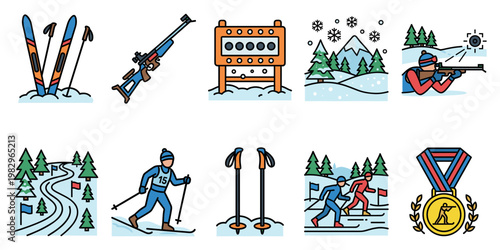 A collection of flat design icons illustrating biathlon activities including skiing, shooting, target, medal, and winter mountain scenery.