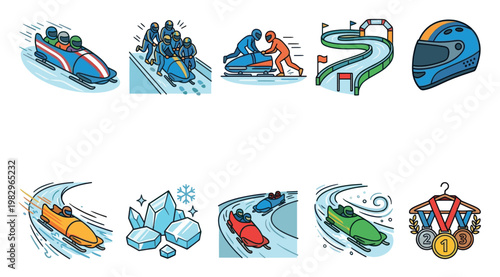 Diverse flat design icons depict bobsled racing action with athletes, tracks, ice, helmet, and medals for winter sports and competition themes.