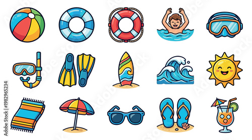 A collection of cute cartoon icons depicting various summer beach vacation elements, perfect for graphic design and creative projects.