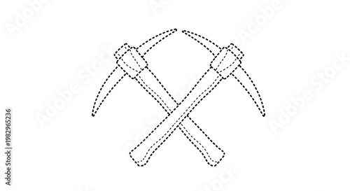 Pair of crossed pickaxes icon with dotted lines for tracing and coloring exercises in educational learning worksheets for kids.