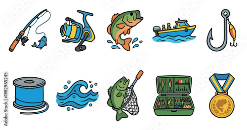 A cartoon illustration featuring a collection of fishing-related icons including a rod, reel, fish, boat, hook, line, net, tackle box, and medal.