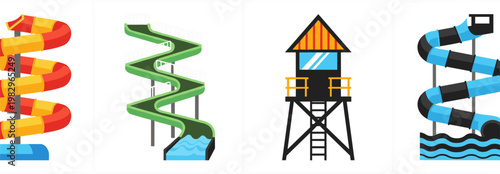 Colorful playground slides and mountain landscape icon set with water slide towers outdoor recreation elements flat illustration collection