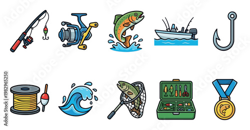 A collection of illustrated fishing-related icons, including a rod, reel, fish, boat, hook, line, bobber, net, tackle box, and medal, perfect for creative projects.