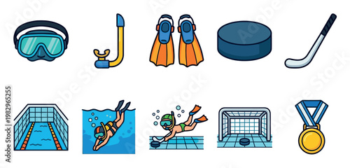A collection of colorful cartoon icons depicting sports equipment and scenes including swimming, snorkeling, hockey pucks, and a medal.