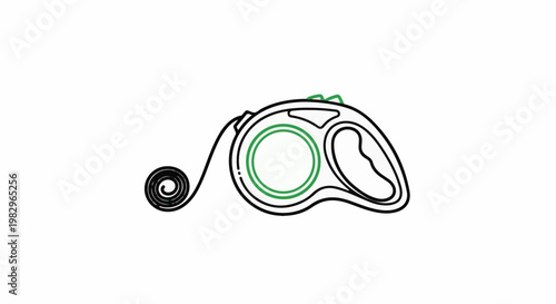 A black and green retractable leash with a coiled cord on a white background