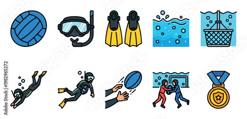 Collection of flat design vector icons depicting water sports equipment like a ball, mask, snorkel, fins, and net, alongside athletes in action and a medal, representing swimming and diving activities