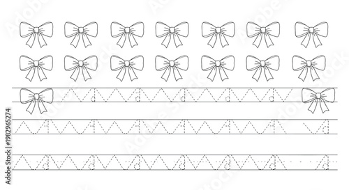 Bow tracing worksheet for preschool children with multiple rows of ribbons to practice fine motor skills and creative coloring fun.