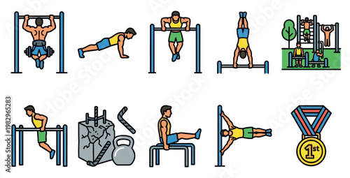 This collection of flat design icons showcases a man performing various strength training exercises, including pull-ups, push-ups, and handstands, with a medal symbolizing achievement.