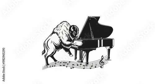 A bison plays a grand piano atop a musical staff