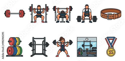 A collection of flat design icons representing various weightlifting activities, equipment, and a medal, suitable for fitness and sports-related concepts.