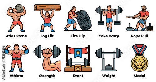 A collection of colorful cartoon illustrations depicting various strongman competition events and symbols, including athletes, weights, and a medal.