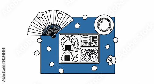 A bento box with food and a fan on a blue patterned surface