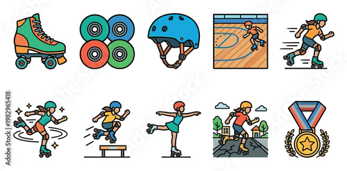 This colorful illustration set showcases various aspects of roller skating, including equipment, athletic actions, and a medal. It's perfect for designs related to sports, fitness, and recreation.