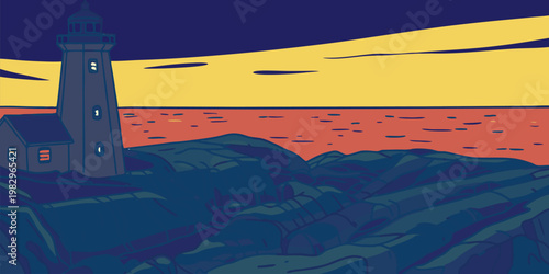 Stylized Flat Color Illustration of a Coastal Lighthouse on Rocky Cliffs at Sunset Overlooking the Ocean