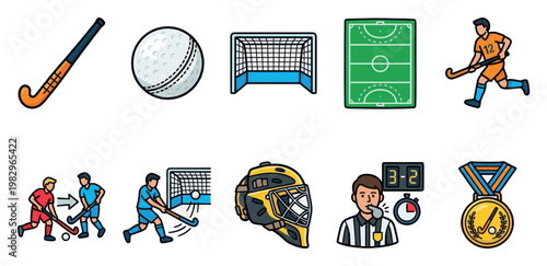 A collection of flat design icons representing various elements of field hockey including equipment, players, a field, a goalie mask, a referee, and a medal.